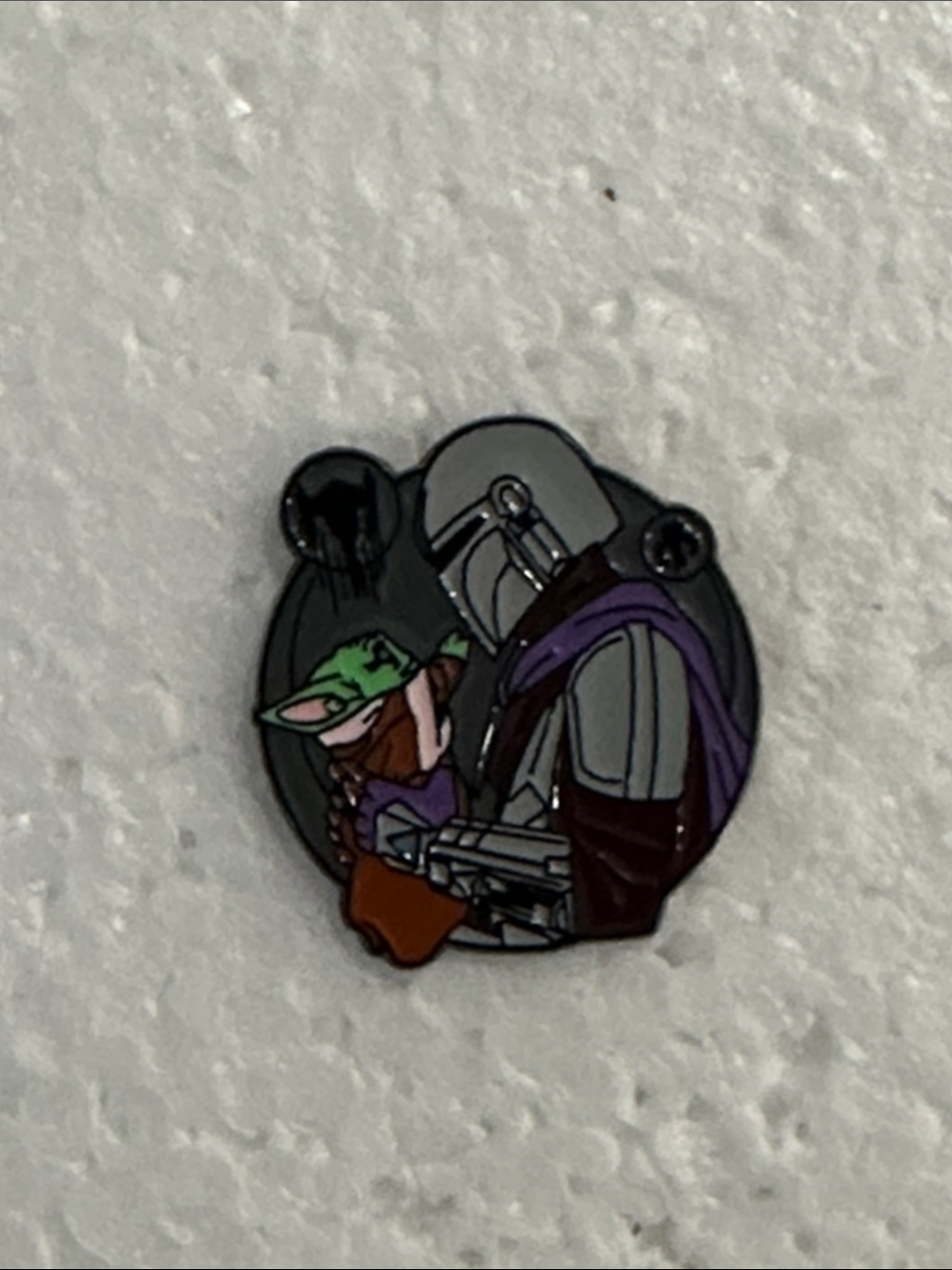 Star Wars Enamel Pin Featuring Grogu and Mandalorian in Green, Purple, Brown